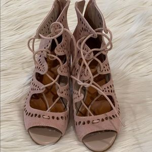 Blush suede strappy bootie